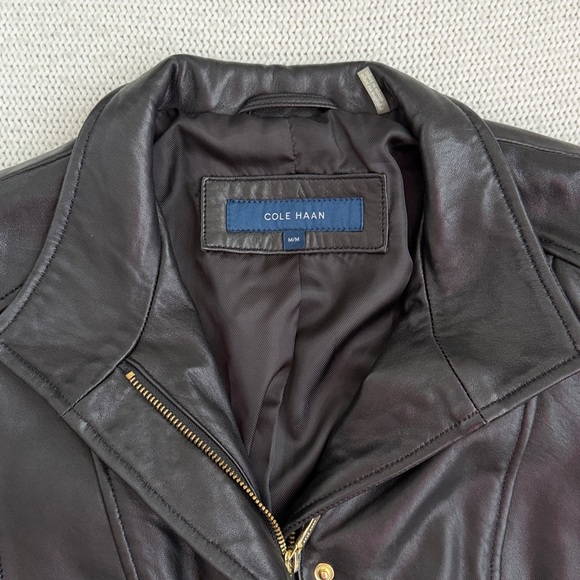 Cole Haan 100% Genuine Leather Trench Coat Black Size Medium - Picture 2 of 8